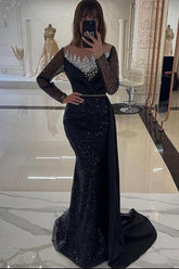 Chic Black Mermaid Crew Long Sleeves Sequined Panel Train Tulle Satin Evening Dress With Rhinestones